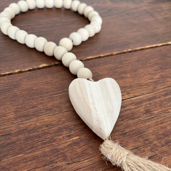 Natural Wood Prayer Bead Garland with Heart Detail