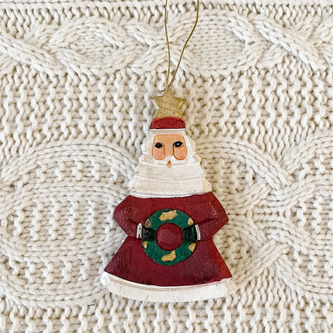 Vintage Santa with Wreath Wood Ornament