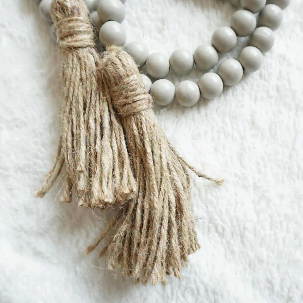 57in Wood Bead Garland with Tassels Farmhouse Beads Decor Natural, Wooden  Prayer